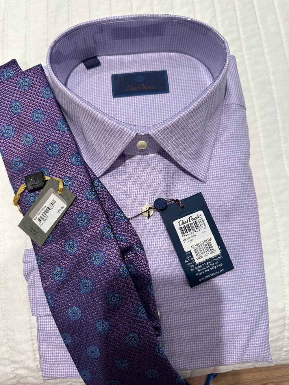 David Donahue Lilac Dress Shirt 17.5 32/33 & Purple Silk Tie NWT ($315 retail)
